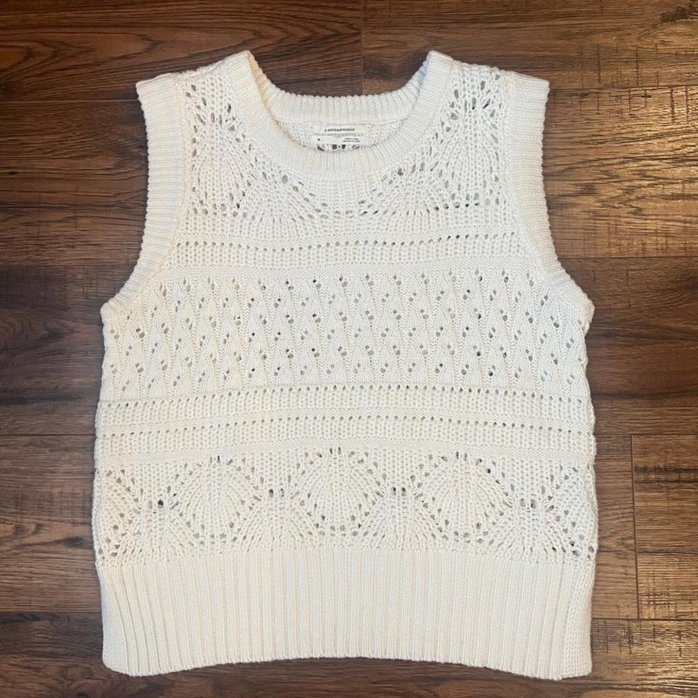 Anthropologie White Knit Vest Women Medium Boho Cottagecore Preppy Pullover